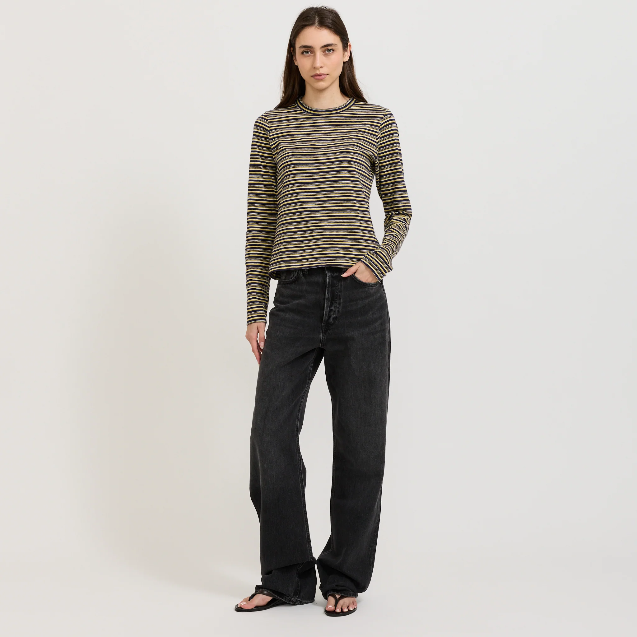 Stripe Slim L/S T-Shirt Navy/Citrus/White - Image 2