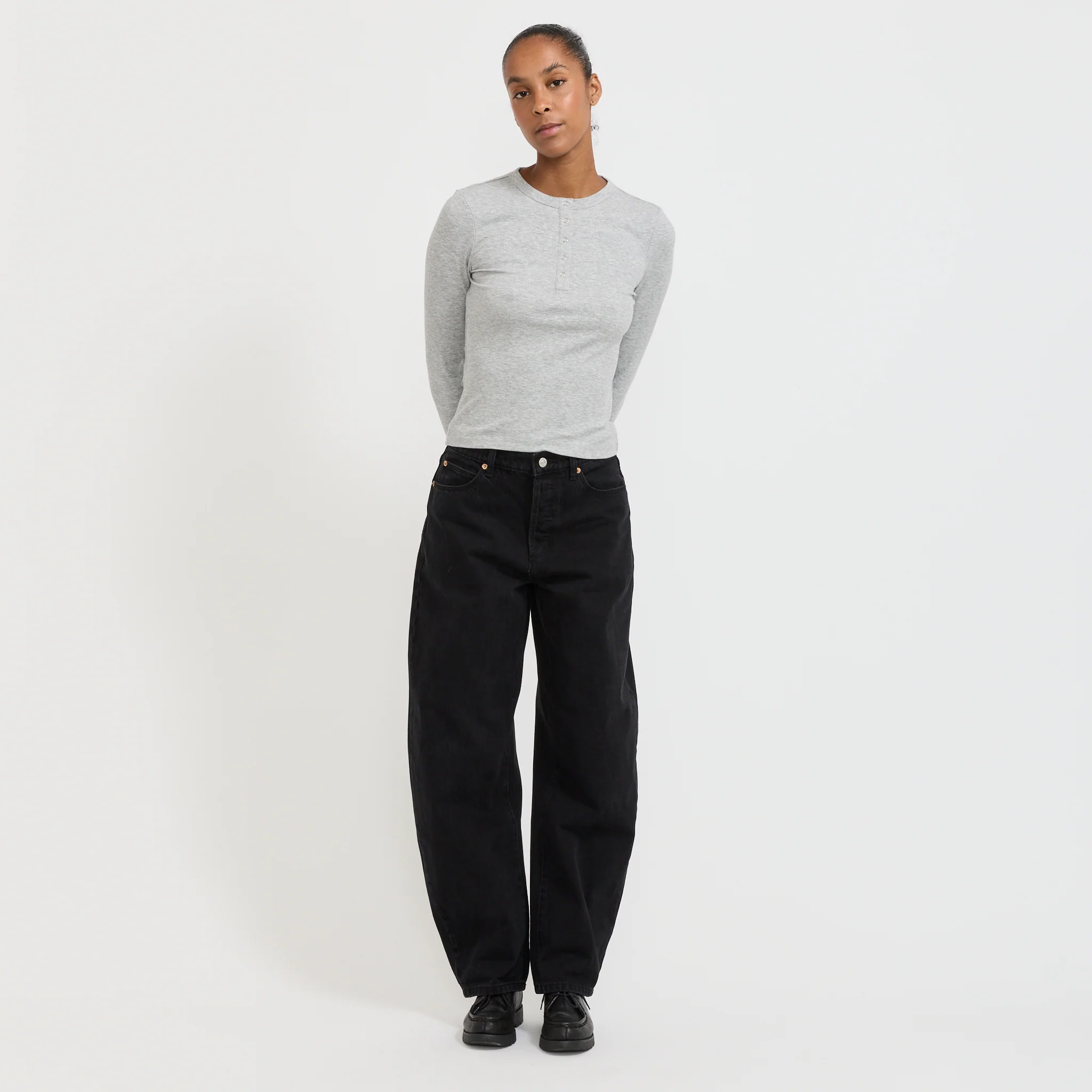 Studio Henley Long Sleeve Top Grey Marle - Image 2