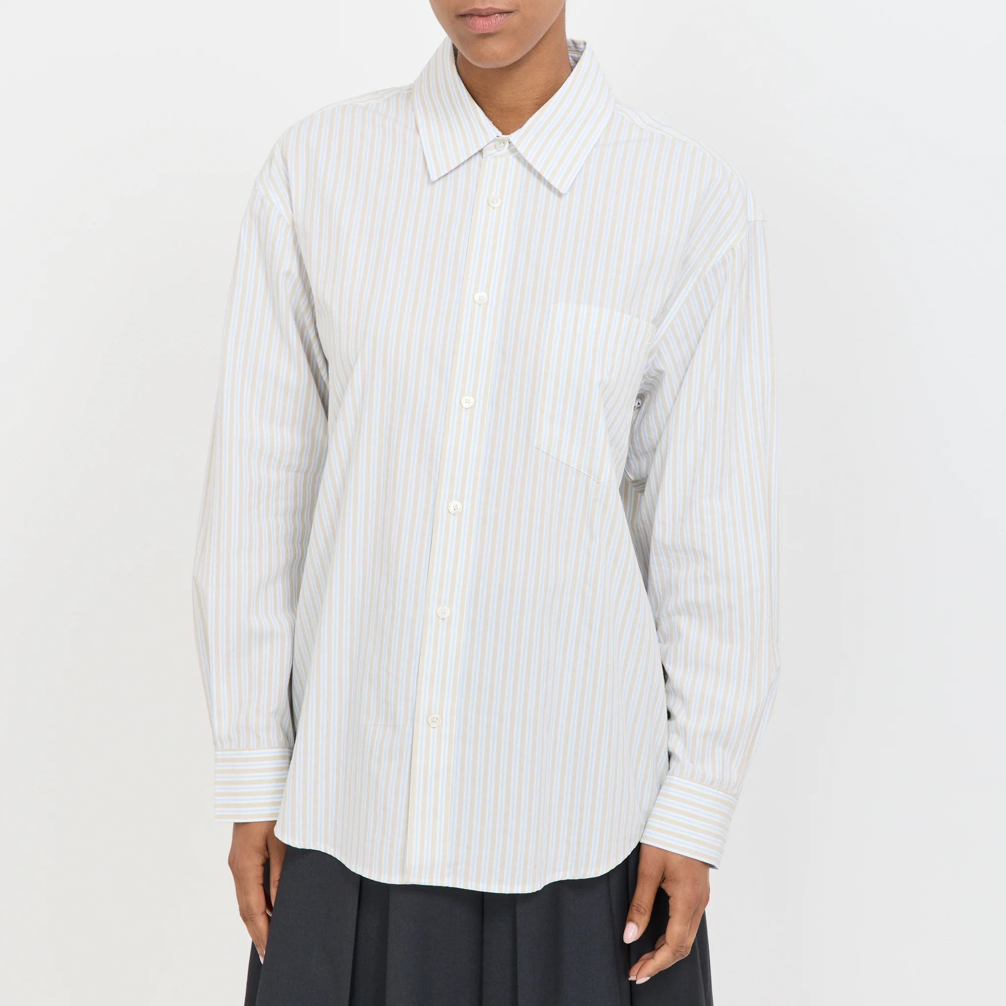 Unisex Oversized Striped Shirt Beige Stripe - Image 5
