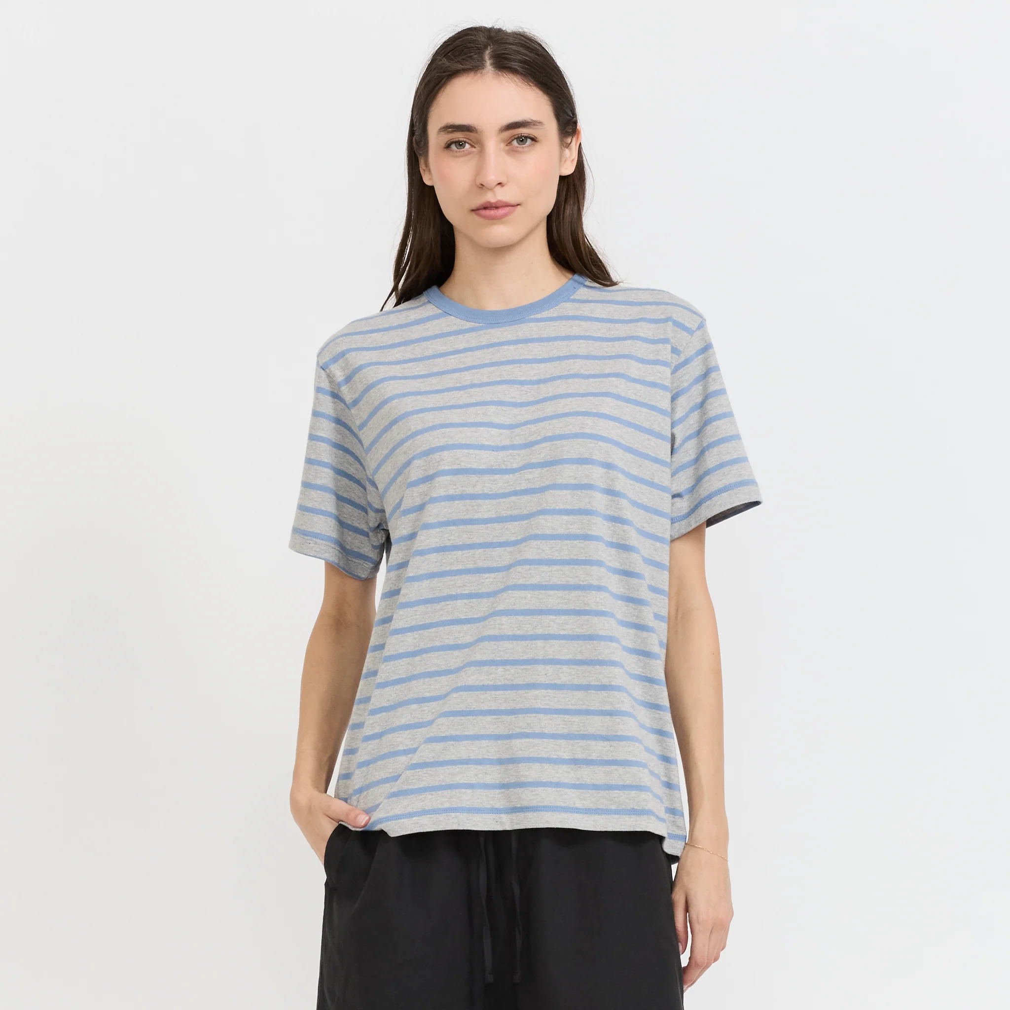 Unisex Striped Tee Melange Grey/Soft Blue