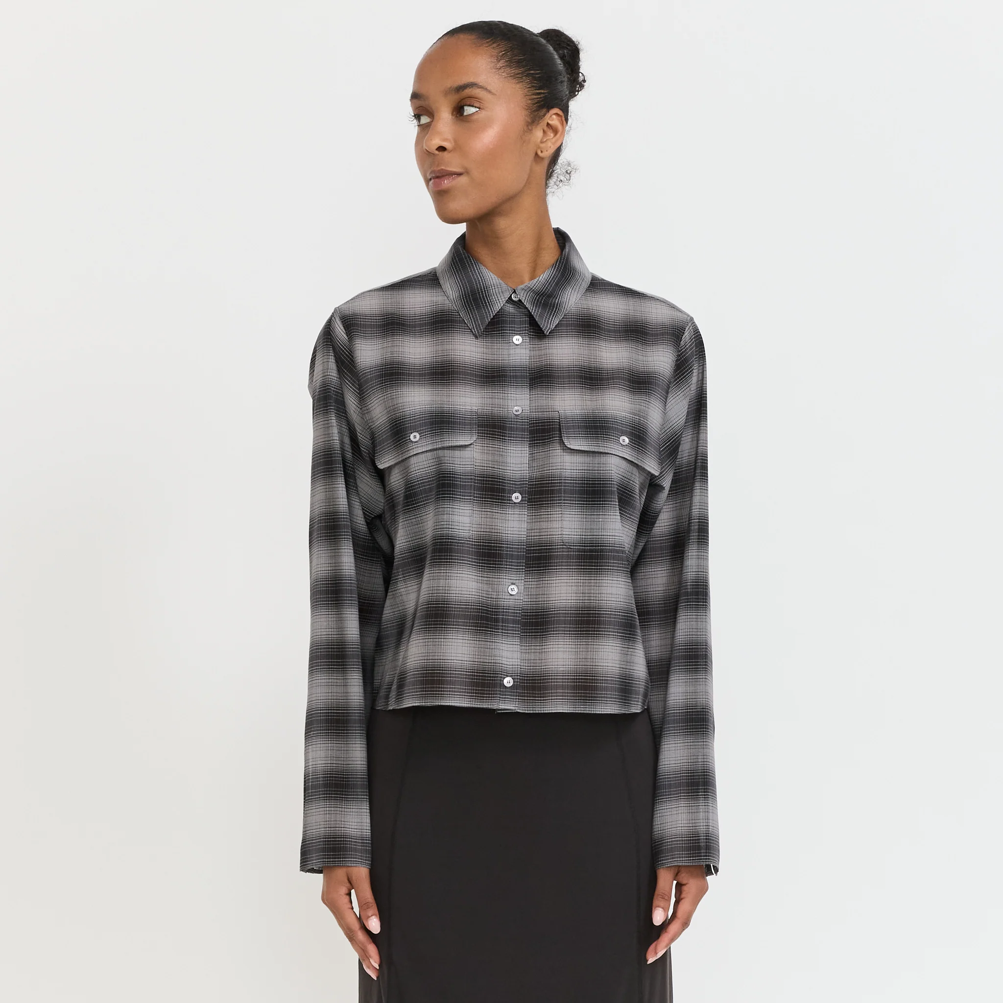 Wool Cropped Check Shirt Charcoal